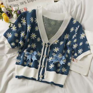 Printed Ribbon-accent Button-up Crop Top Blue - One Size
