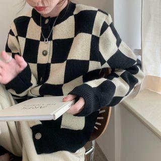Round Neck Checkerboard Cardigan Checkerboard - Black & White - One Size