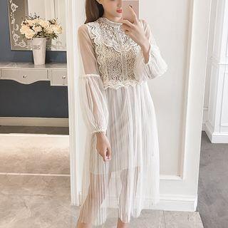 Set: Lace Panel Long-sleeve Dress + Sleeveless Dress