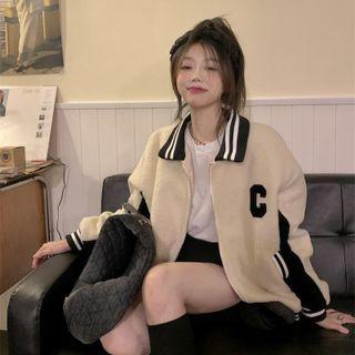 Letter Embroidered Baseball Jacket White - One Size