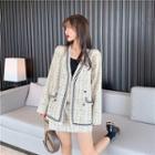 Tweed Button Jacket / High Waist Mini Skirt