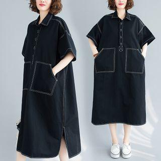 Contrast Stitch Short-sleeve Mini A-line Shirtdress Black - One Size