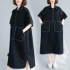 Contrast Stitch Short-sleeve Mini A-line Shirtdress Black - One Size