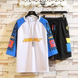 Set : Short-sleeve Round-neck T-shirt + Print Longline Pants