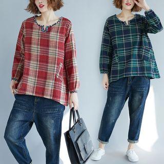 Floral Panel Plaid Long-sleeve Blouse