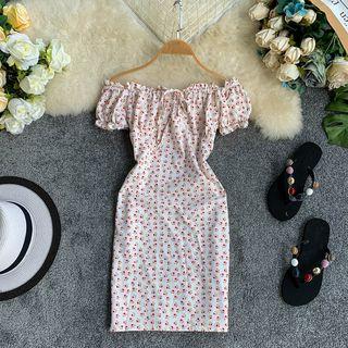 Short-sleeve Frill Trim Floral Sheath Dress