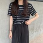 Short-sleeve Striped Cropped Knit Top Stripe - One Size