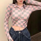 Long-sleeve Checker Print Polo Shirt