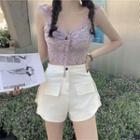 Floral Lace Trim V-neck Cropped Tank Top / High Waist Shorts