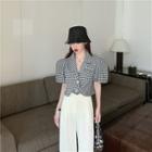 Houndstooth Puff-sleeve Cropped Blouse Black - One Size