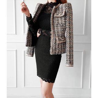 V-neck Flap-detail Tweed Jacket Beige - One Size