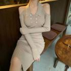 Cold-shoulder Plain Knit Midi Bodycon Dress Almond - One Size