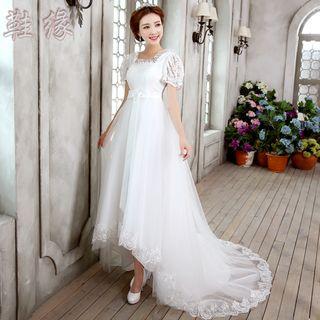 Short-sleeve Lace Panel Wedding Dress With Train
