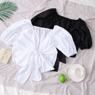 Boatneck Open Tie-back Plain Blouse