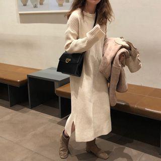 Long-sleeve Split Hem Midi Sweater Dress