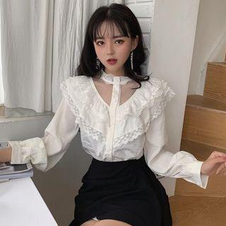 Ruffle Lace Trim Blouse White - One Size