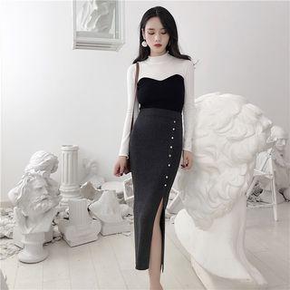 Mock Two Piece Knit Pullover / Slit Midi Skirt