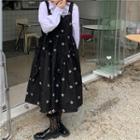 Puff-sleeve Shirt / Flower Embroidered Midi Overall Dress