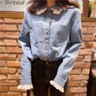 Lace Collared Denim Shirt As Shown In Figure - One Size