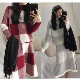 Set: Mock-neck Plaid Sweater + Knit Midi Skirt
