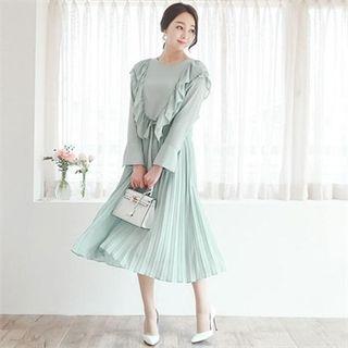 Ruffle-trim Pleated-hem Dress With Sash