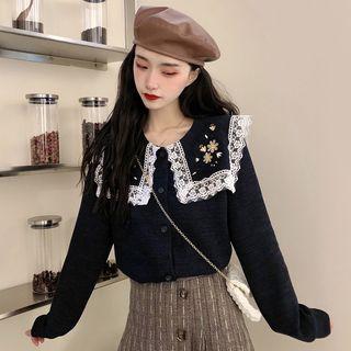 Embroidered Collared Cardigan As Shown In Figure - One Size