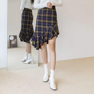Diagonal Ruffle-hem Midi Plaid Skirt