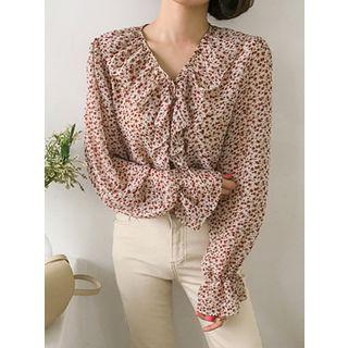Ruffle-trim Floral Chiffon Blouse Ivory - One Size