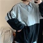 Two-tone Long-sleeve Polo Shirt Gray - One Size