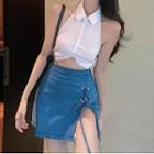 Collared Cropped Halter Top / Lace Up Denim Mini A-line Skirt