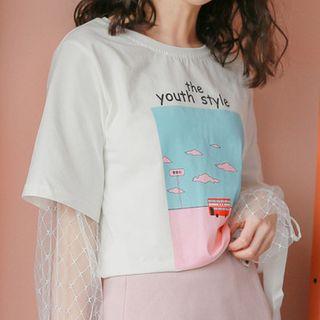 Mesh Panel Printed Long Sleeve T-shirt