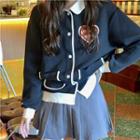 Long-sleeve Heart Embroidered Jacket / Pleated Mini Skirt