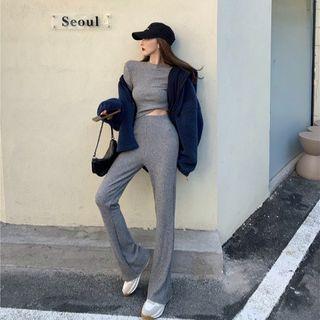 Set: T-shirt + Wide-leg Pants T-shirt - Gray - One Size / Pants - Gray - One Size