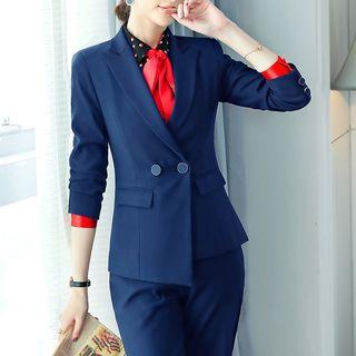 Slim-fit Dress Pants / Dotted Shirt / Buttoned Blazer / Set