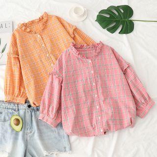 Ruffled Plaid Balloon-sleeve Shirt