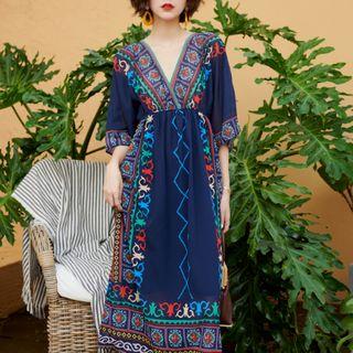 3/4-sleeve Tribal Pattern Midi A-line Dress Navy Blue - One Size