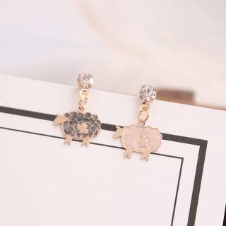 Non-matching Rhinestone Sheep Dangle Earring 5607 - Non-matching Earring - Sheep - Black & Pink - One Size