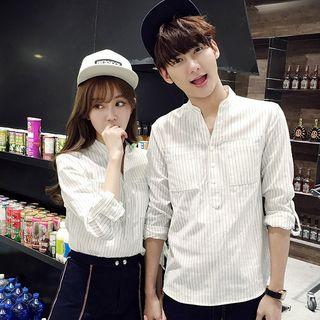 Couple Matching 3/4-sleeve Pinstriped Shirt