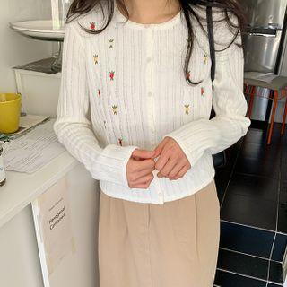 Flower Embroidery Rib-knit Cardigan
