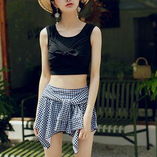 Set: Plain Tankini Top + Plaid Swimskirt