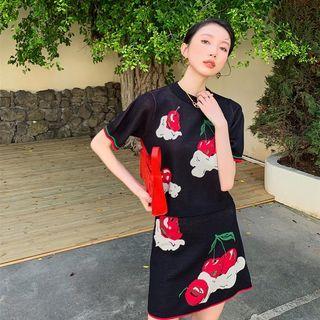 Set: Short-sleeve Fruit Jacquard Knit Top + Mini Skirt