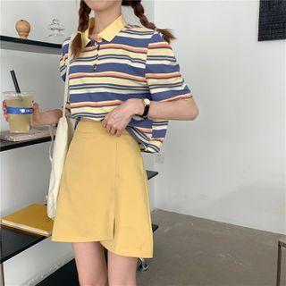 Short-sleeve Striped Polo Shirt / Mini A-line Skirt