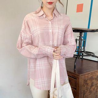 Drop-shoulder Plaid Shirt Light Pink - One Size
