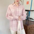 Drop-shoulder Plaid Shirt Light Pink - One Size