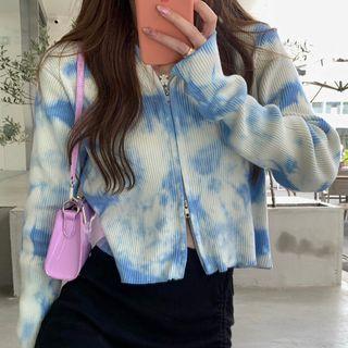 Tie-dye Print Hooded Zip Cropped Knit Cardigan Blue & White - One Size