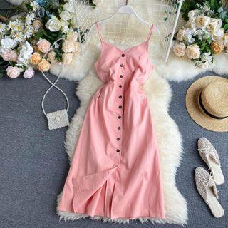 Button-up Spaghetti Strap A-line Dress