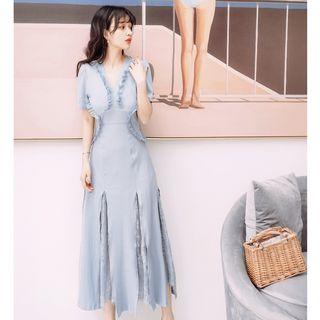 Open-back Lace Trim Short-sleeve A-line Maxi Knit Dress