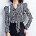 Tie-neck Ruffled Houndstooth Blouse