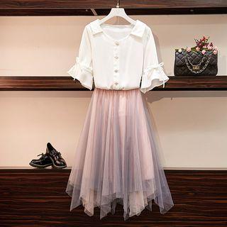 Set: Drawstring Short-sleeve Blouse + Mesh Irregular Hem A-line Skirt