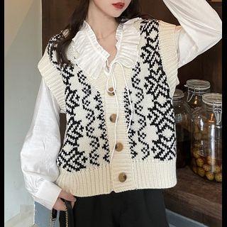 Long-sleeve Ruffle Trim Blouse / Printed Knit Vest